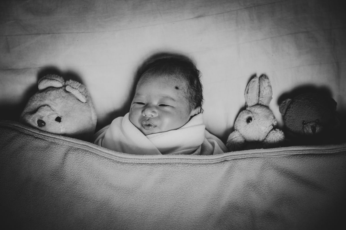 Cute baby sleeps with plush toys in a cozy black and white setting, evoking a serene and innocent mood.