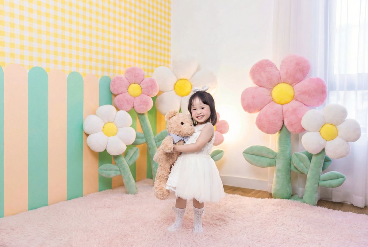 Adorable child hugging teddy bear in a colorful, flower-themed playroom.