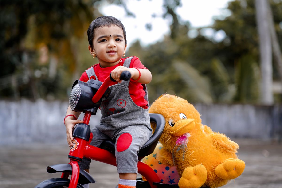 Adorable child on a red tricycle holding a plush toy outdoors, captured in vibrant colors.