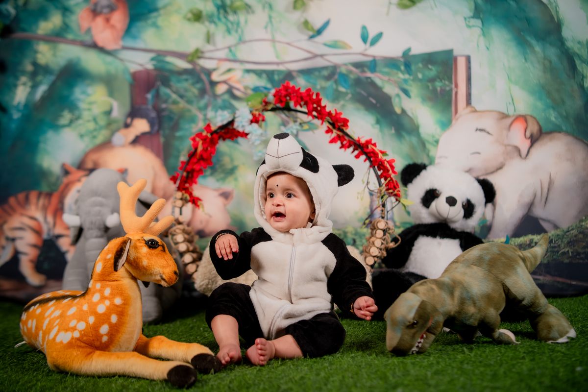 Cute baby dressed as panda surrounded by plush toys in a jungle-themed setup.