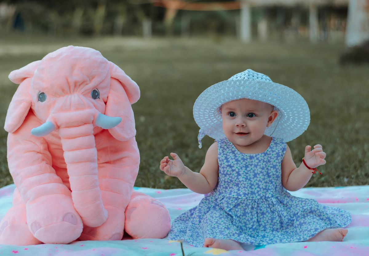 Adorable baby girl in a floral dress with a plush elephant sitting on a blanket outdoors.