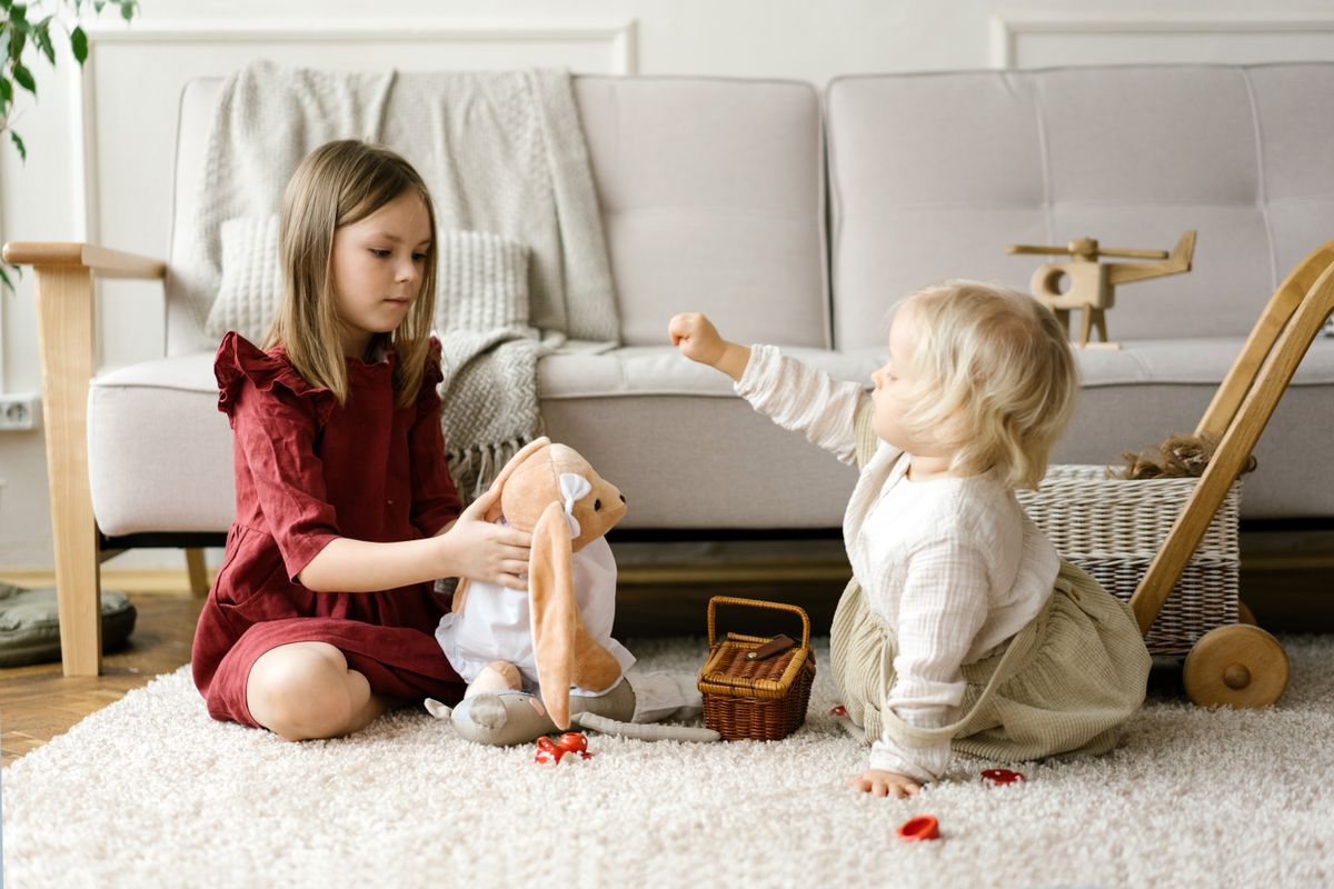 Two sisters enjoying playtime with plush toys and a wicker basket indoors.