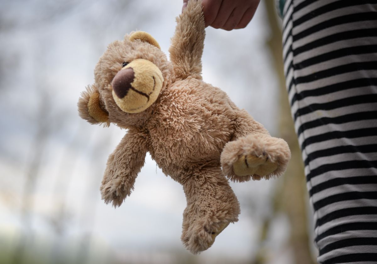 A child holds a soft teddy bear outside on a cloudy day, capturing a moment of innocent play.