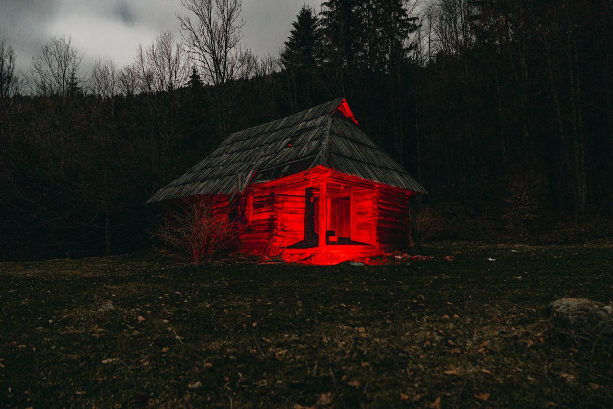 A secluded wooden hut illuminated by red light in a dark forest setting, creating a mysterious atmosphere.