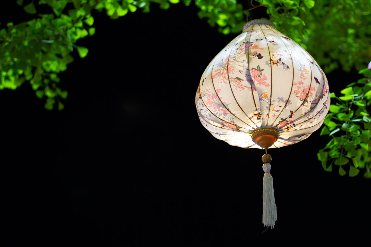 Traditional floral lantern illuminated at night amidst green leaves, creating a serene ambiance.