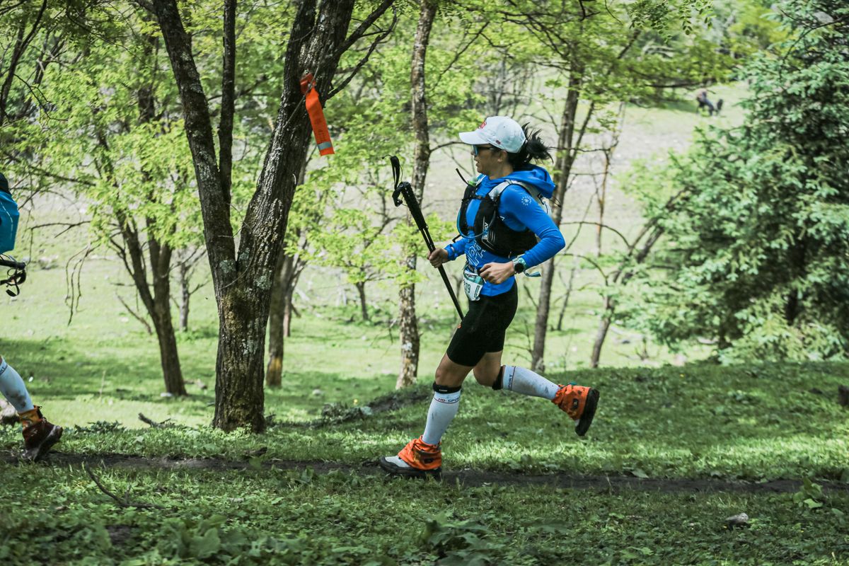Athlete running on forest trail during a marathon race, surrounded by nature.