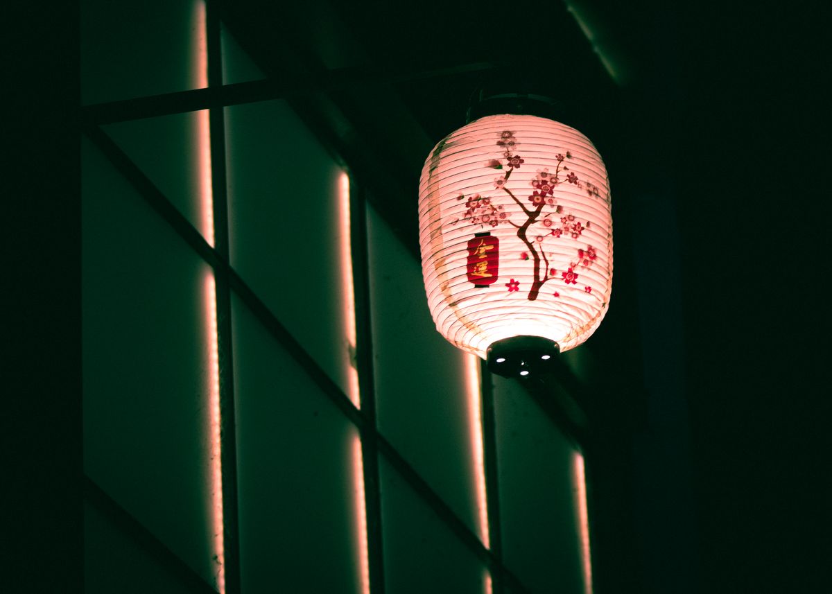 A beautiful illuminated Japanese lantern with floral design lighting up the dark night in Buenos Aires.
