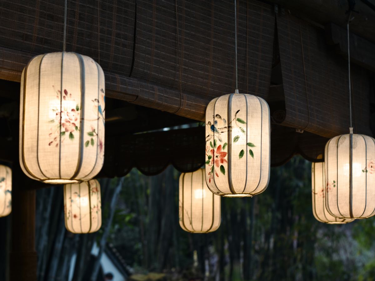 Close-up of beautifully illuminated floral lanterns hanging at night.