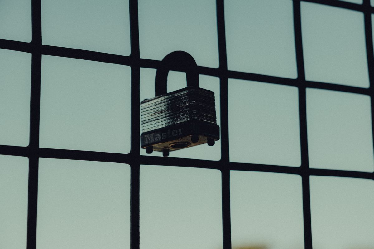 Close-up of a steel padlock on a mesh fence, symbolizing protection and security.
