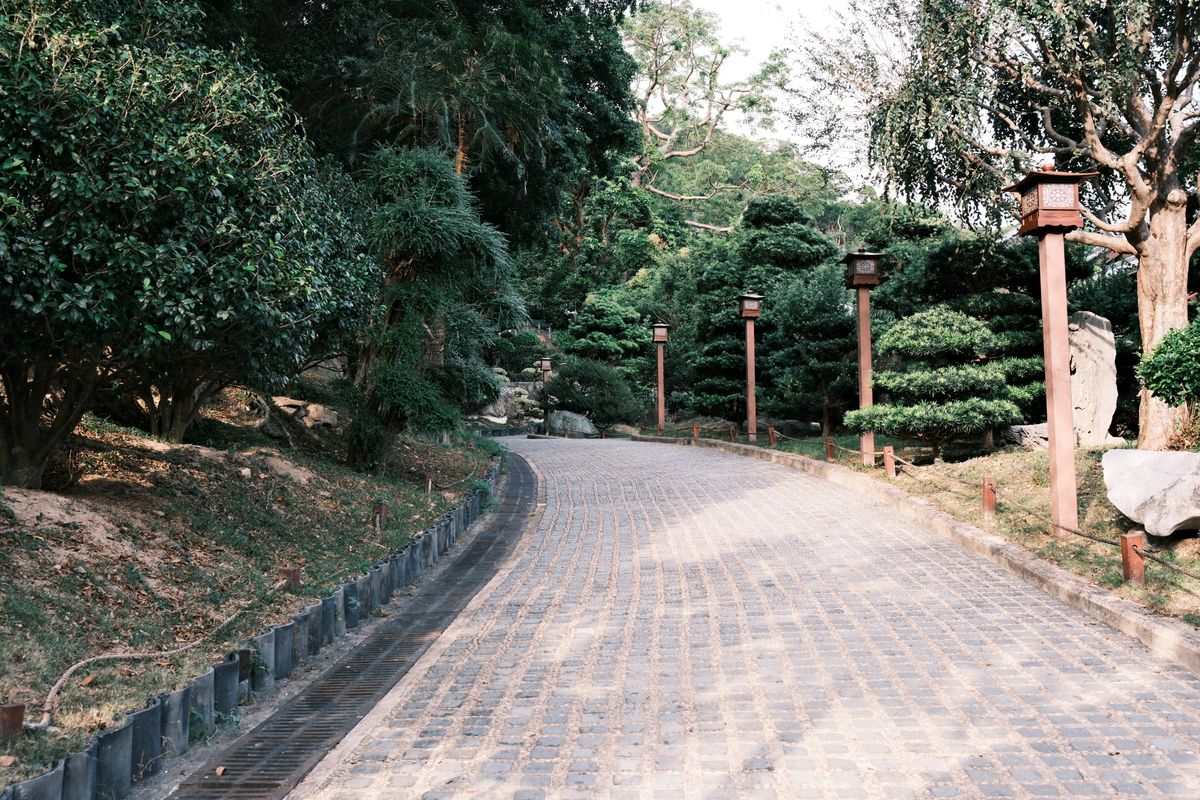 Peaceful garden path lined with trees and lanterns, offering a serene outdoor escape.