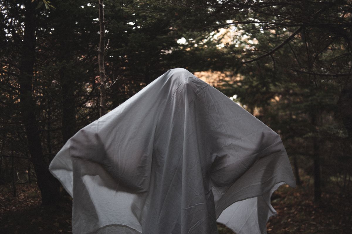 Spooky anonymous person covered with sheet standing in lush green wood in summer