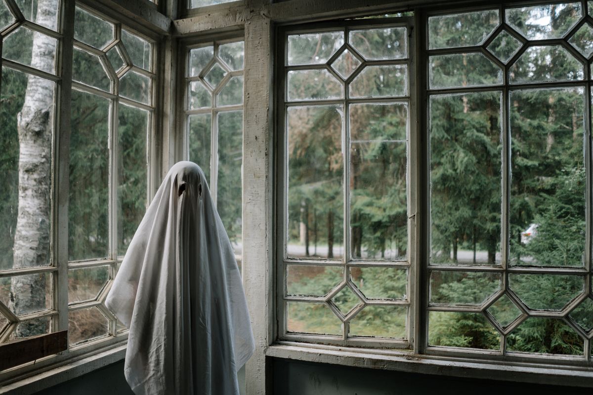Ghost sheet costume in rustic room overlooking a forest, creating a spooky vibe.