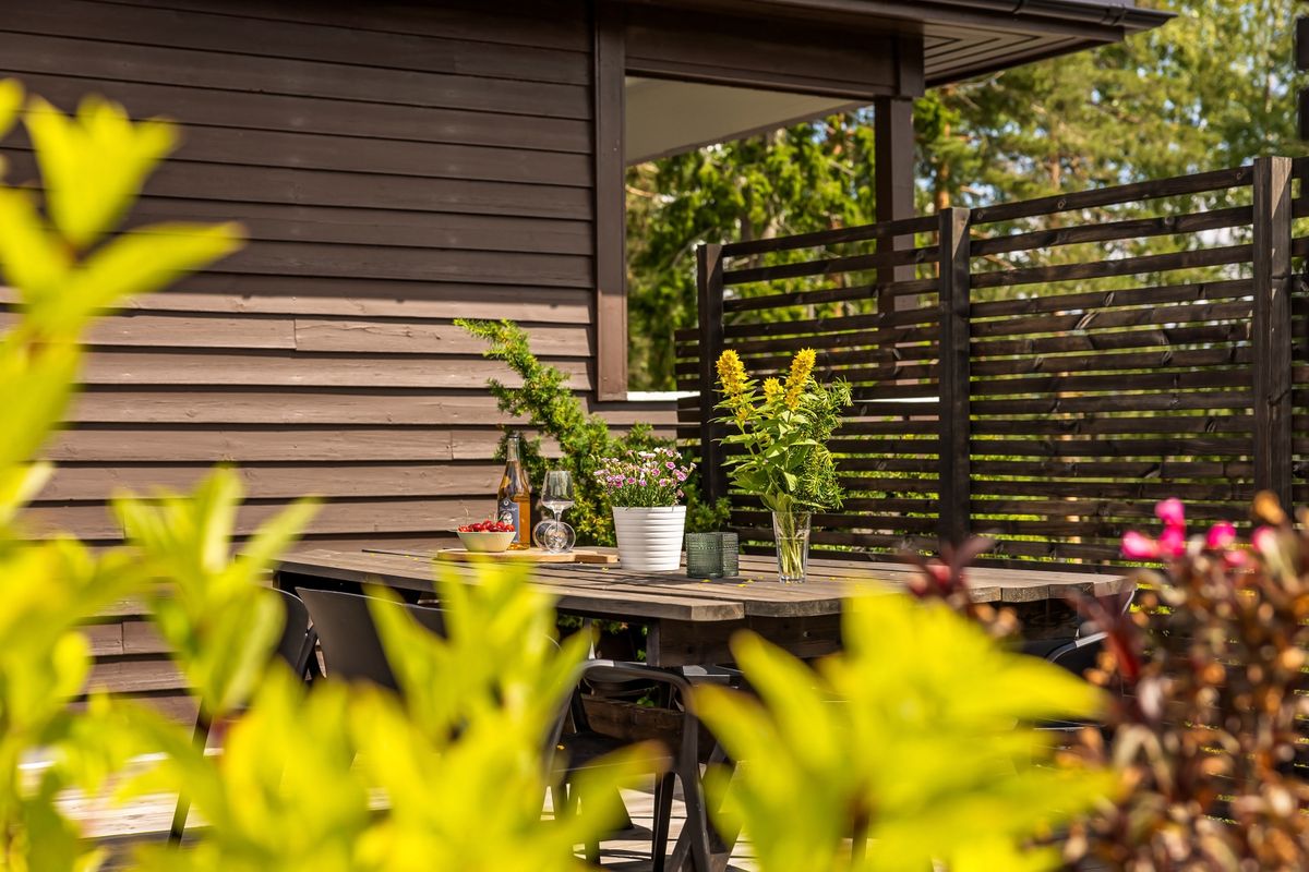 Outdoor patio with wooden table, chairs, and vibrant plants in summer.