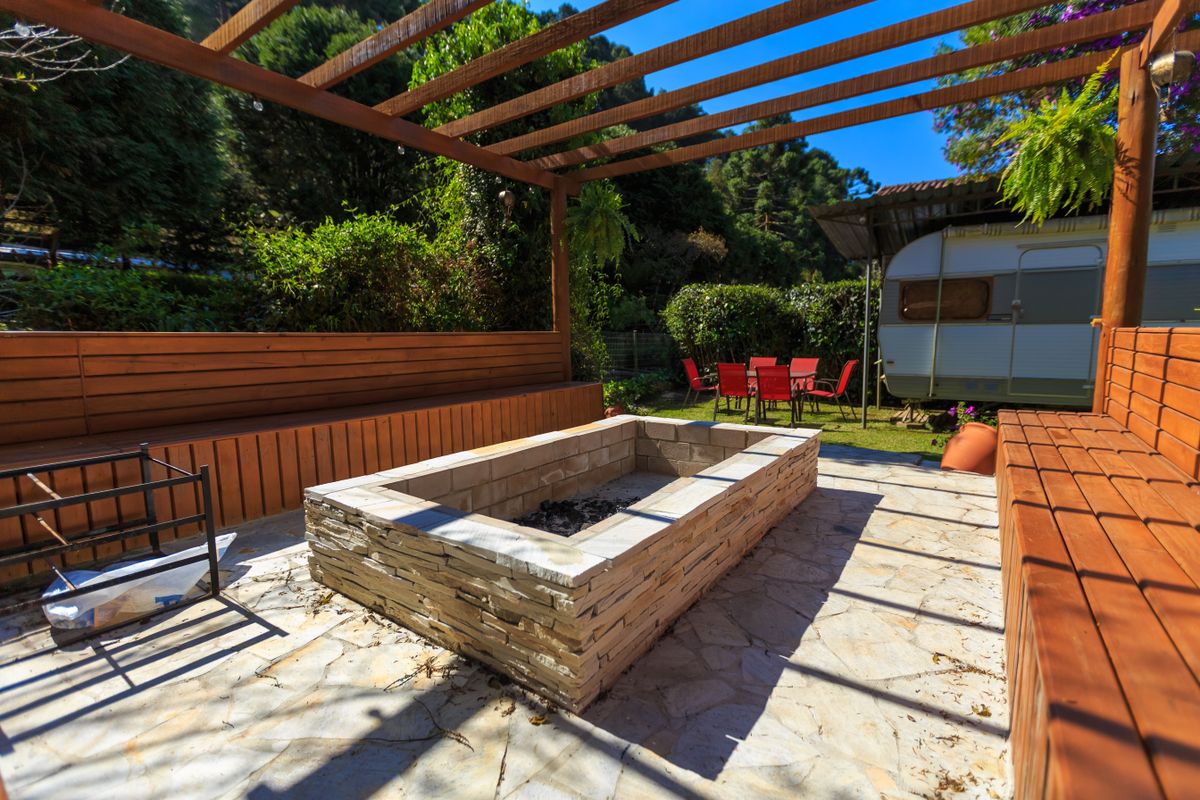 Tranquil outdoor space featuring a fire pit and camper, perfect for summer camping retreats.