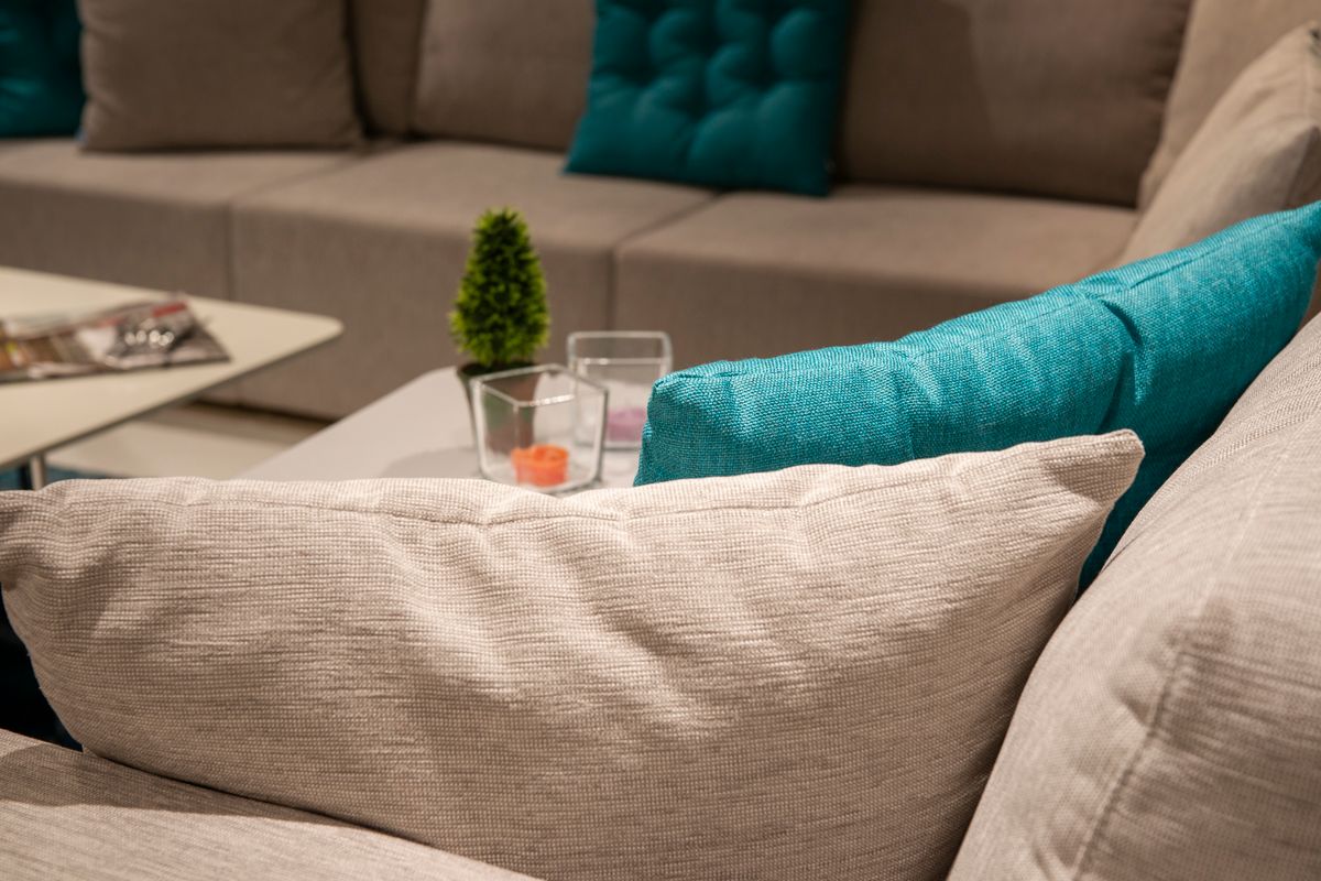 Stylish indoor living room with a modern sofa, colorful pillows, and home decor.