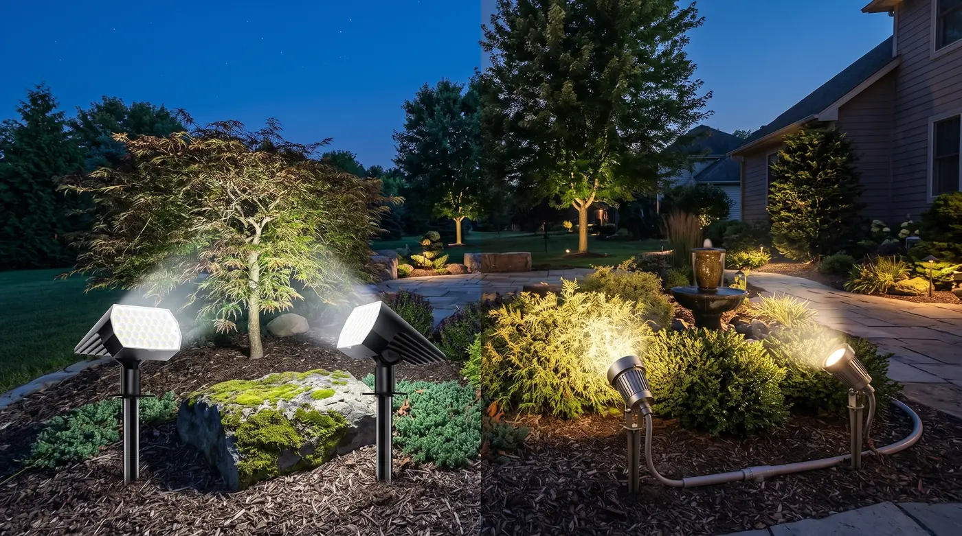 Solar Spot Lights vs Hardwired Landscape Lighting