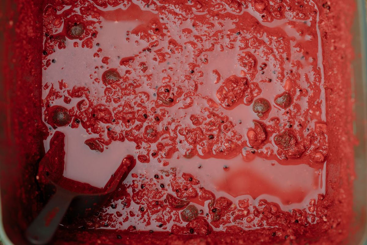 Detailed view of red fish bait with a scooper, showcasing texture and color.