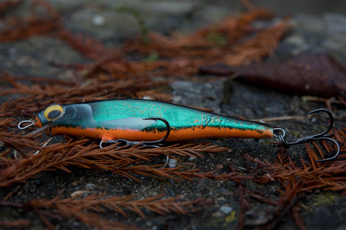 Close-up of a colorful fishing lure set against autumn leaves, showcasing outdoor adventure.
