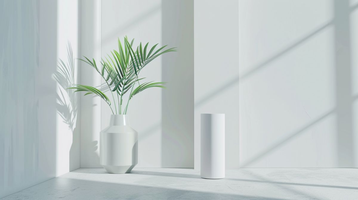 Bright minimalist interior featuring a potted palm leaf casting shadows in a serene room.