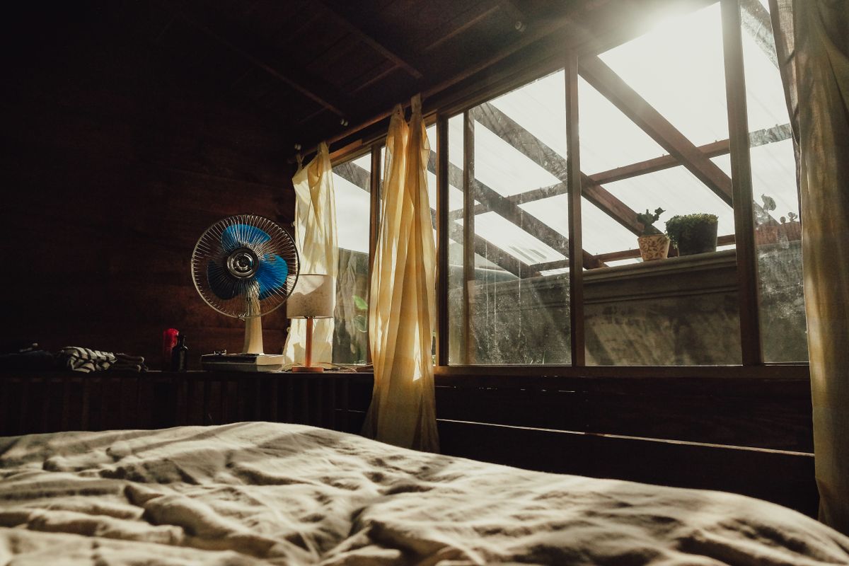 Warm and moody bedroom interior with sunlight filtering through sheer curtains onto a neatly made bed.