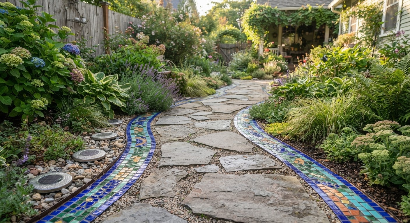 1. Frame Flagstone Paths with Colored Mosaic Accents