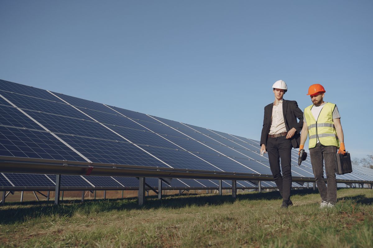 Full body of young focused manager in formal wear and electrical technician in uniform walking on path near solar panels and discussing working process