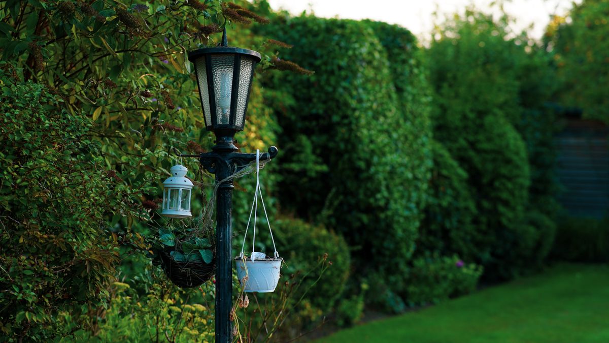 A vintage style lantern illuminated in a lush green garden creates a tranquil outdoor atmosphere.