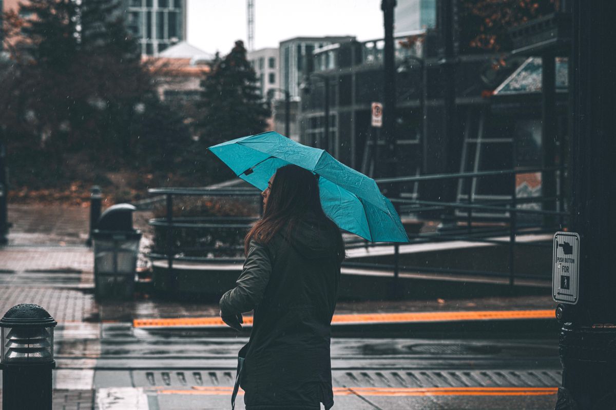 A woman with a blue umbrella walks through a city street on a rainy day, capturing the essence of urban life.