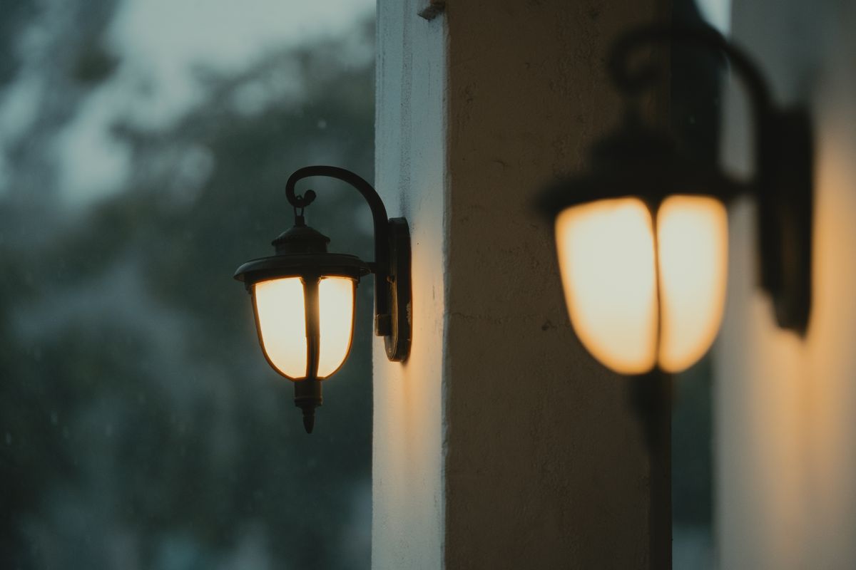 Warm glow of traditional lanterns creates ambiance as evening falls outdoors.