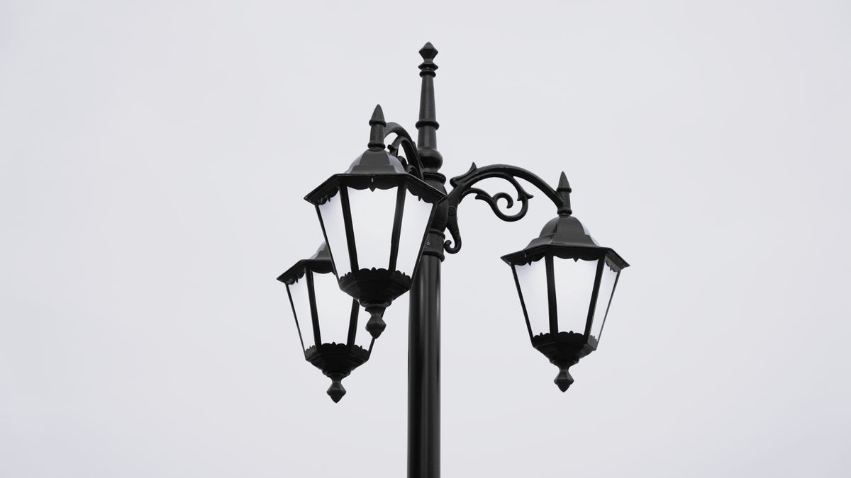 Elegant black street lamp with intricate designs set against an overcast sky, showcasing traditional street lighting.