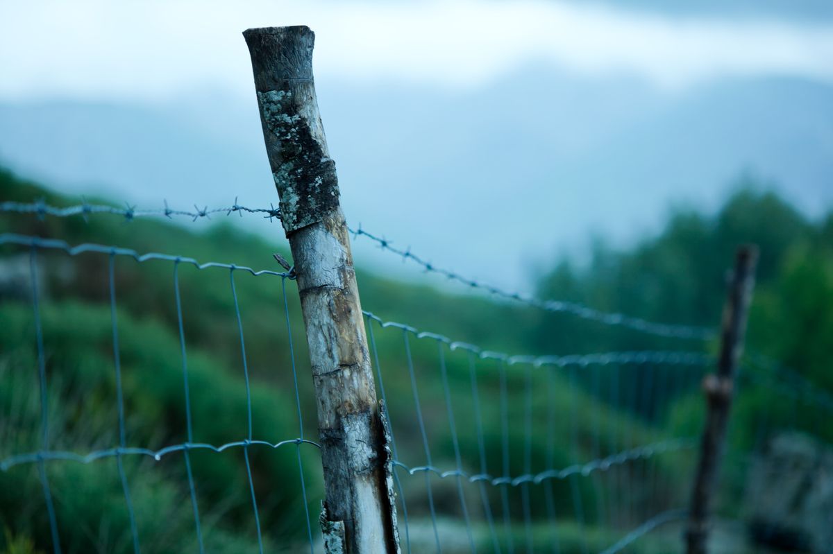Close-up of a rustic barbed wire fence in Montselgues, France, with a tranquil landscape.