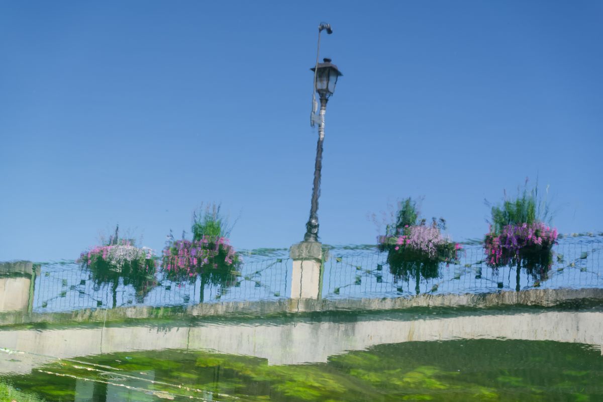Artistic reflection of flowers and a lamp post in a waterway, creating a dreamy effect against a clear sky.