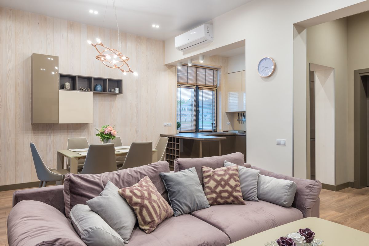 Comfortable couch with soft pillows placed in modern living room with dining room and chairs