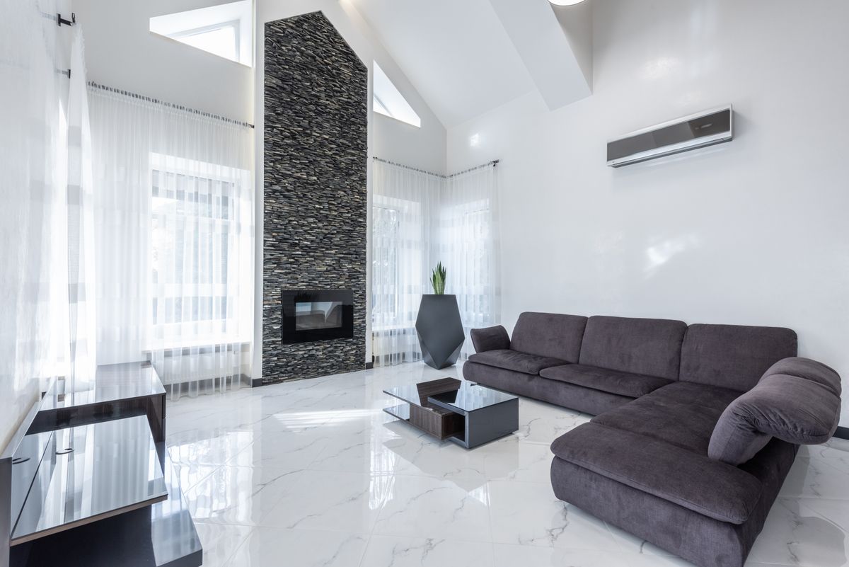 Interior of elegant minimalist living room with soft couch and electric fireplace decorated with geometric pot of green plant in daylight