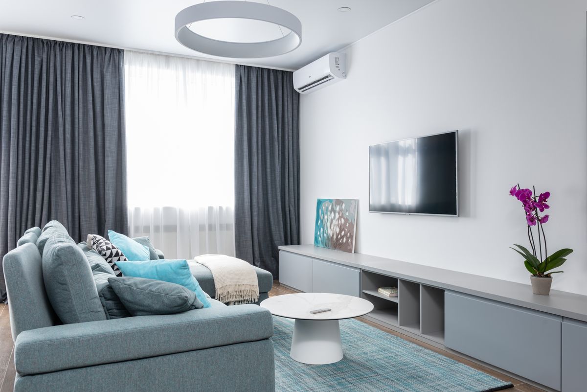 Interior of modern living room with TV on wall and blooming potted flower with picture on shelf