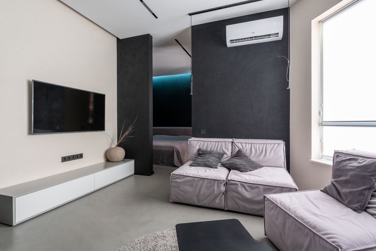 Interior design of modern spacious living room furnished with soft couches with pillows and television set