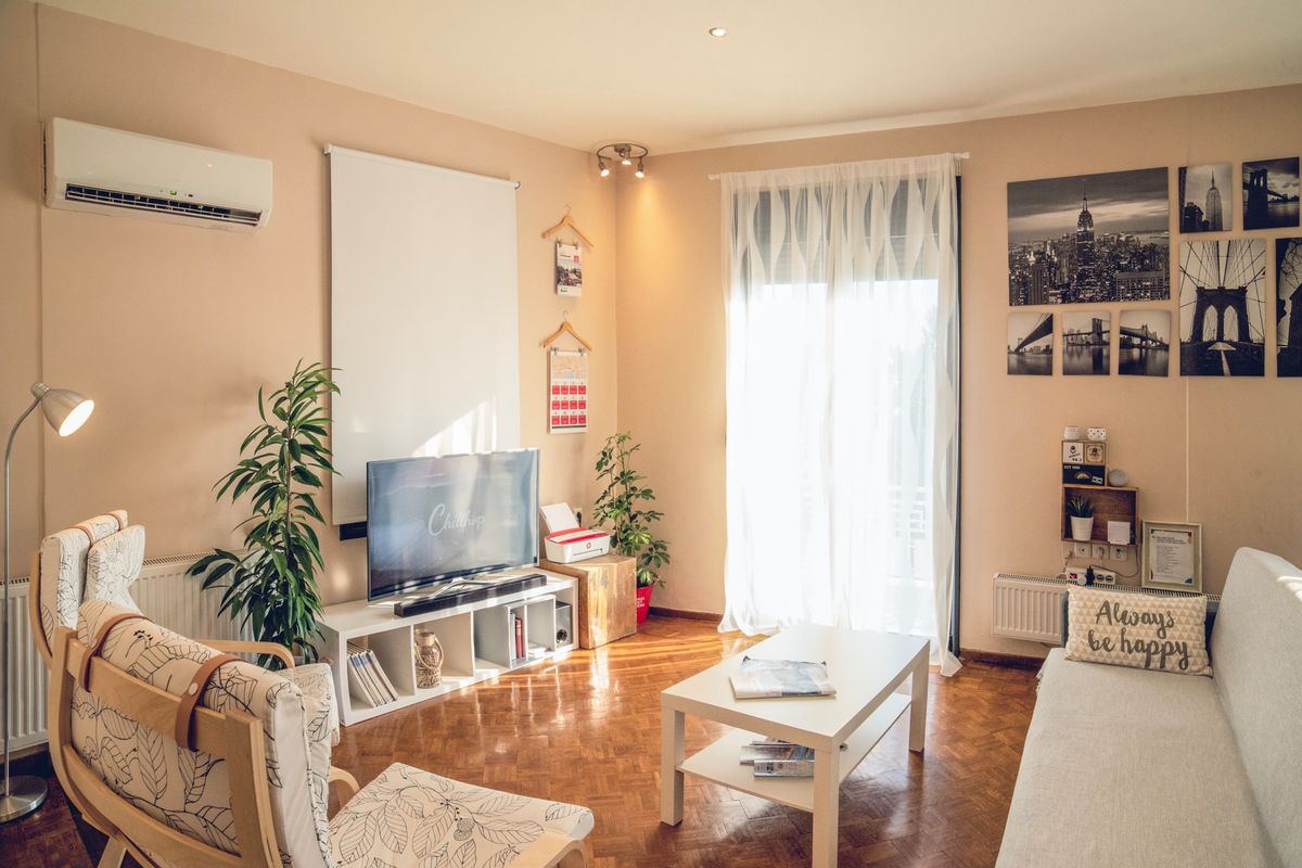 Bright, modern living room interior with neutral tones in Kavala, Greece.