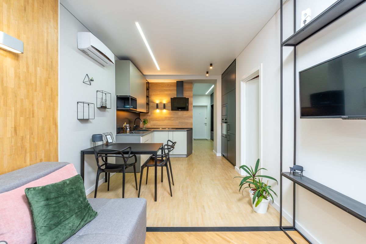 Spacious studio apartment with sofa and TV set in living room and comfortable kitchen with modern appliances and table with chairs