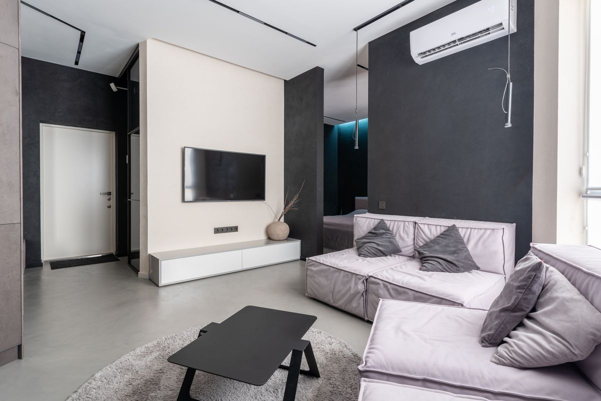 Interior of contemporary spacious living room with comfortable soft couches with cushions and TV set on wall