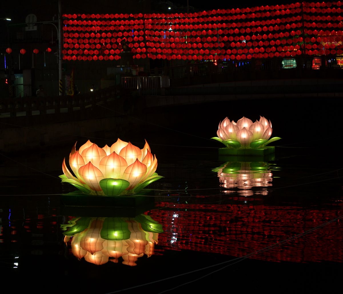 Beautiful lotus-shaped lanterns float on water with a backdrop of red lights at a vibrant night festival.