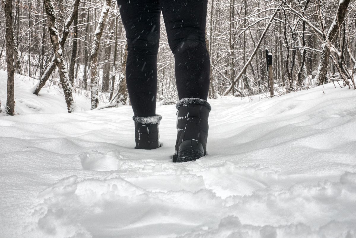 Legs and boots of a person walking through a snowy forest, showcasing winter tranquility and exploration.