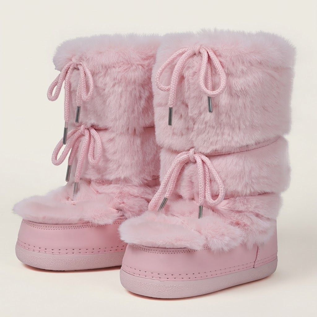 How to Style Pink and Apricot Faux Fur Boots for Pastel Winter Fits