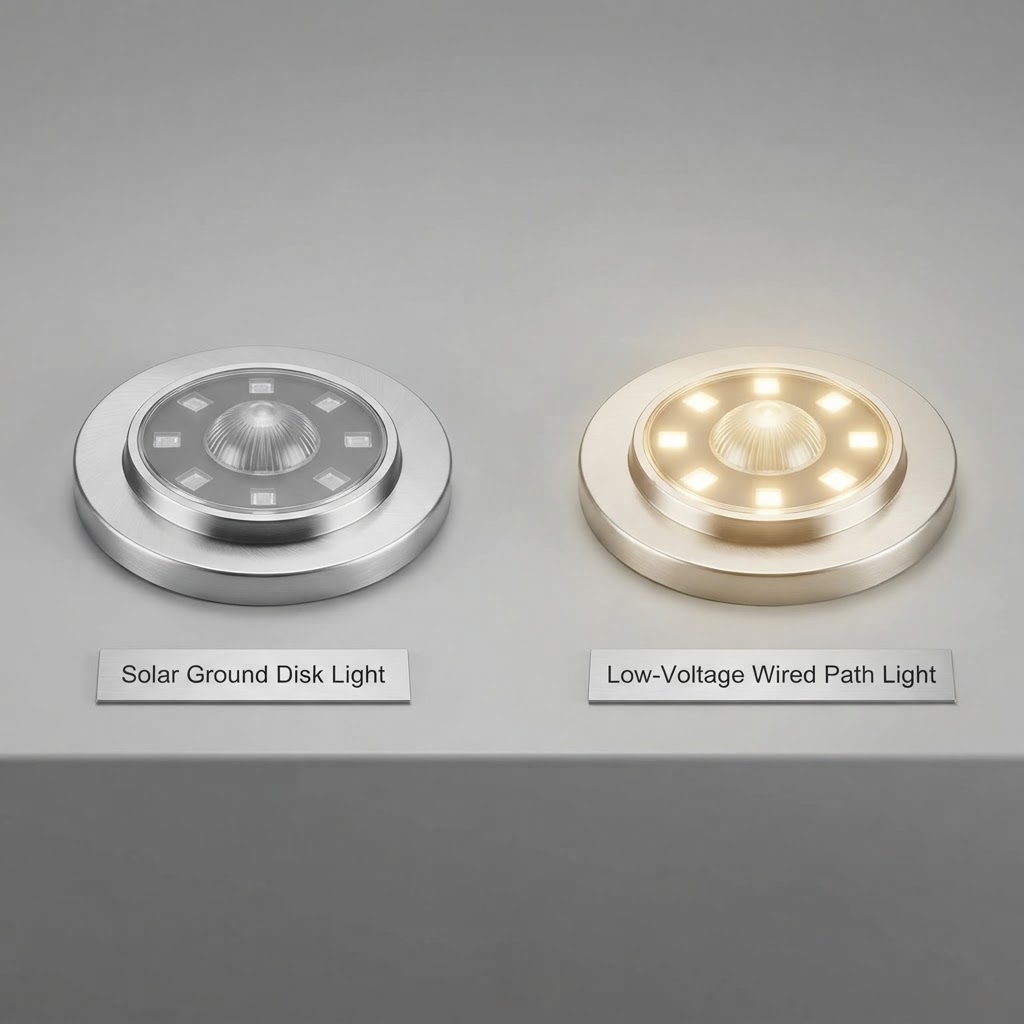 Solar Ground Disk Lights vs Low-Voltage Wired Path Lights
