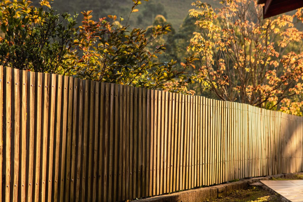 A beautifully lit garden fence with autumn foliage in São Paulo, Brazil.