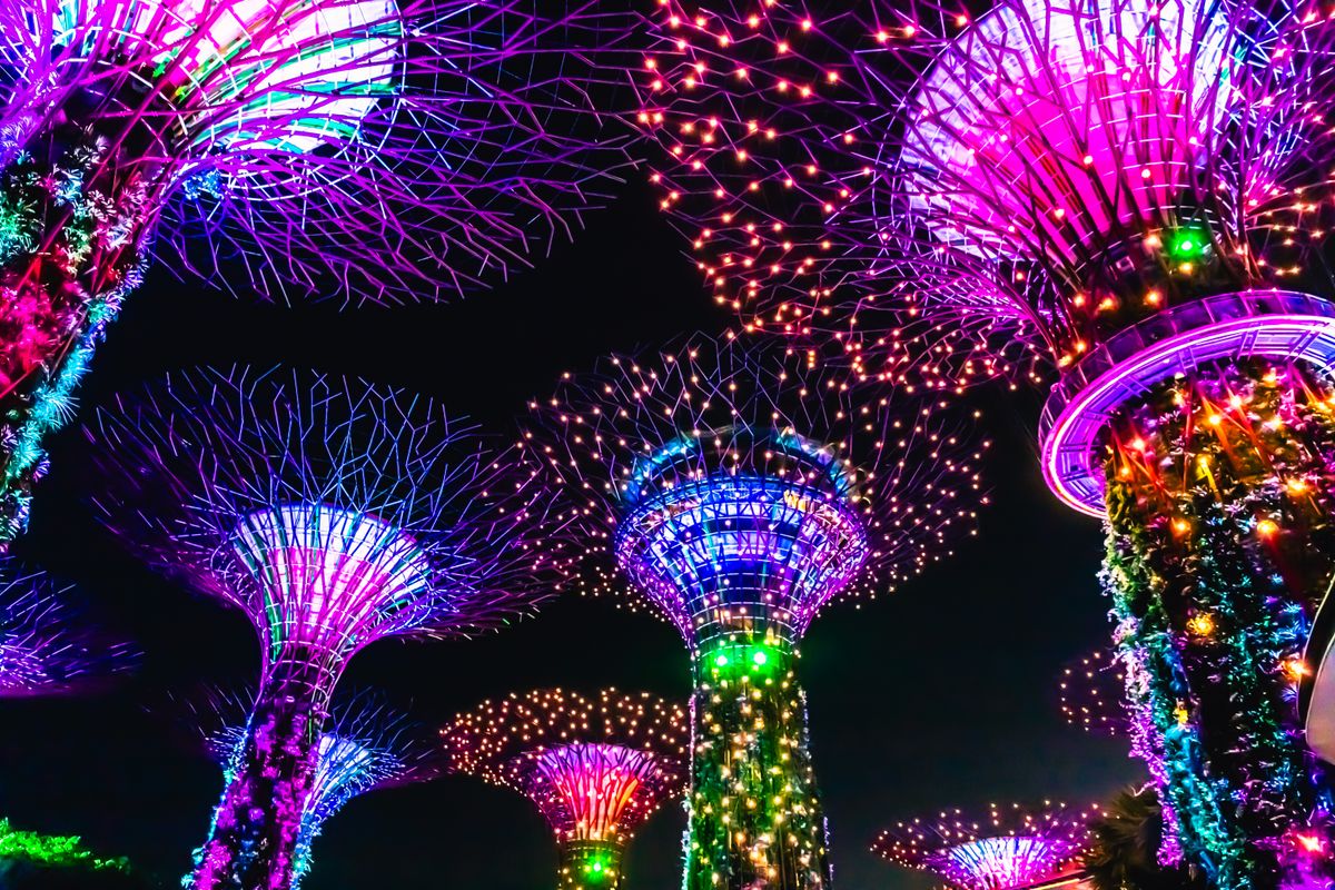 Vibrant night view of illuminated Supertrees in Singapore's iconic Gardens by the Bay.