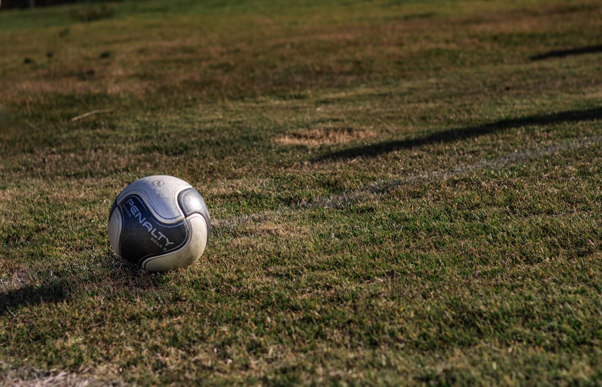 A lone soccer ball resting on a grassy field under sunlight.