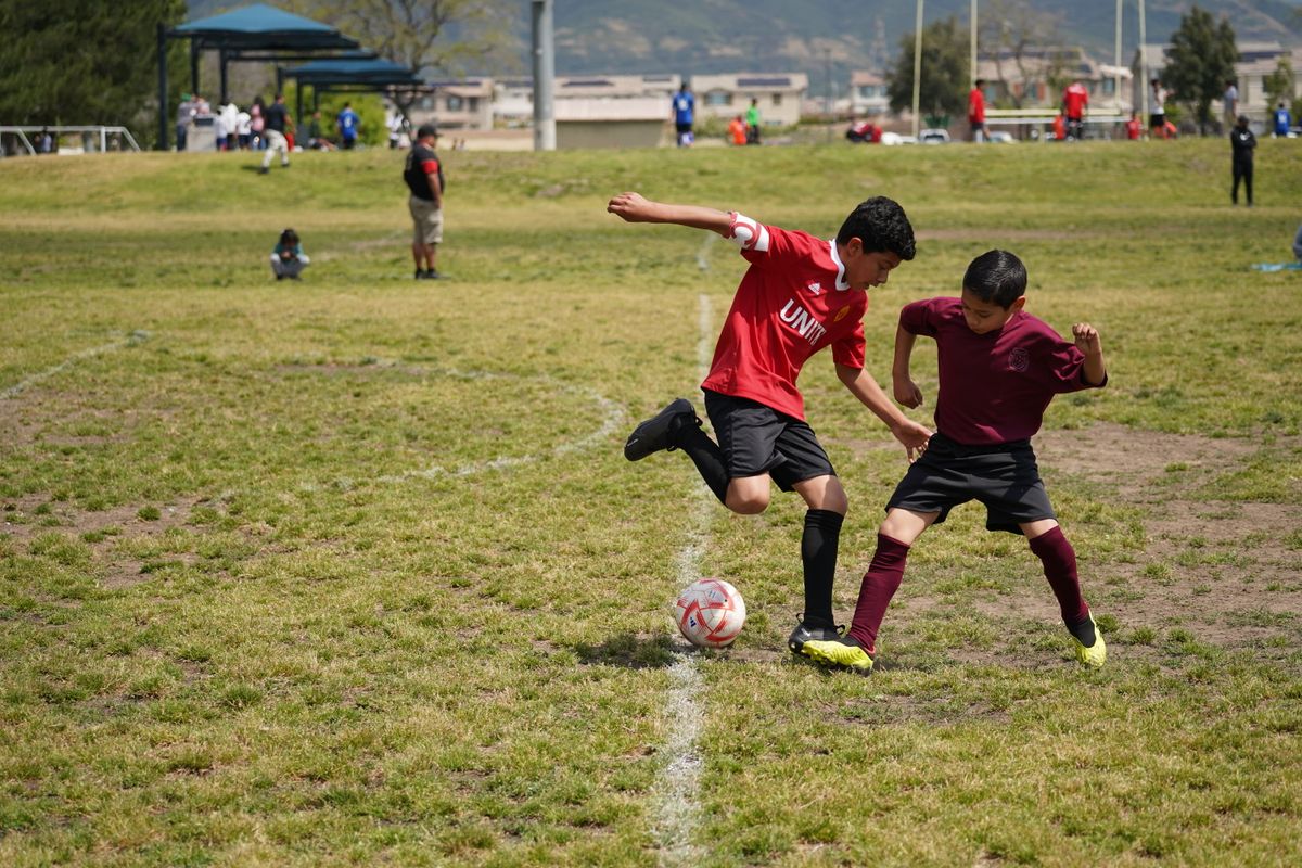 Two young boys engaged in a competitive soccer game on a grassy field during the day.