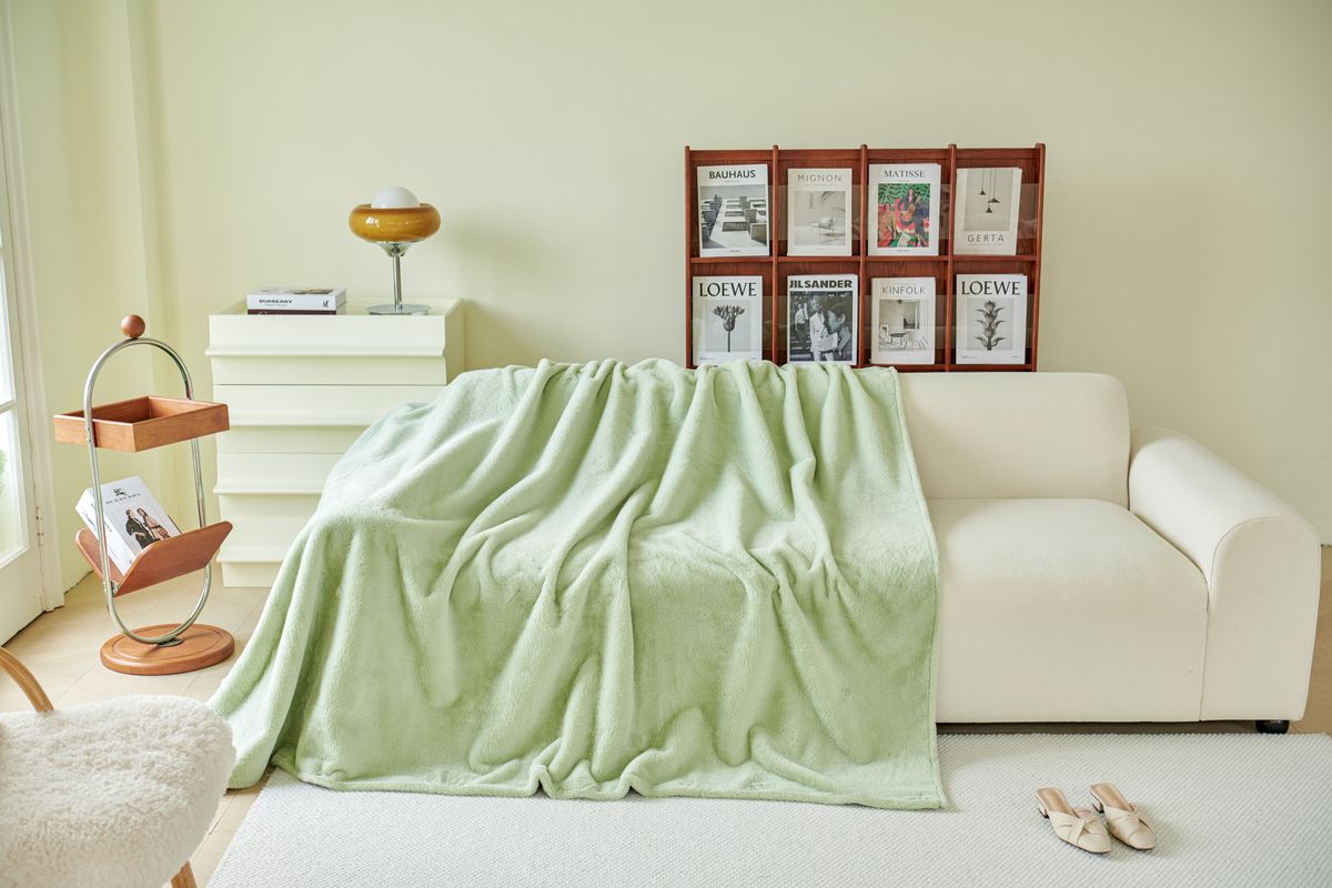 Minimalist living room with elegant decor, showcasing a white sofa and green blanket.