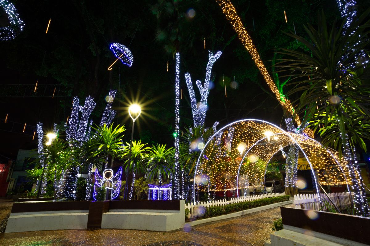 Enchanting urban park at night with illuminated pathways and festive decorations.