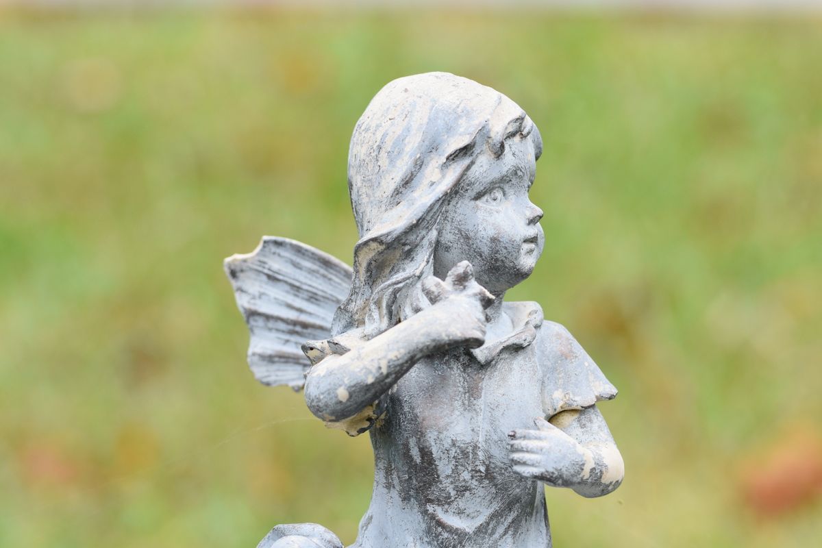 Detailed image of a stone statue of an angel in an outdoor garden setting.